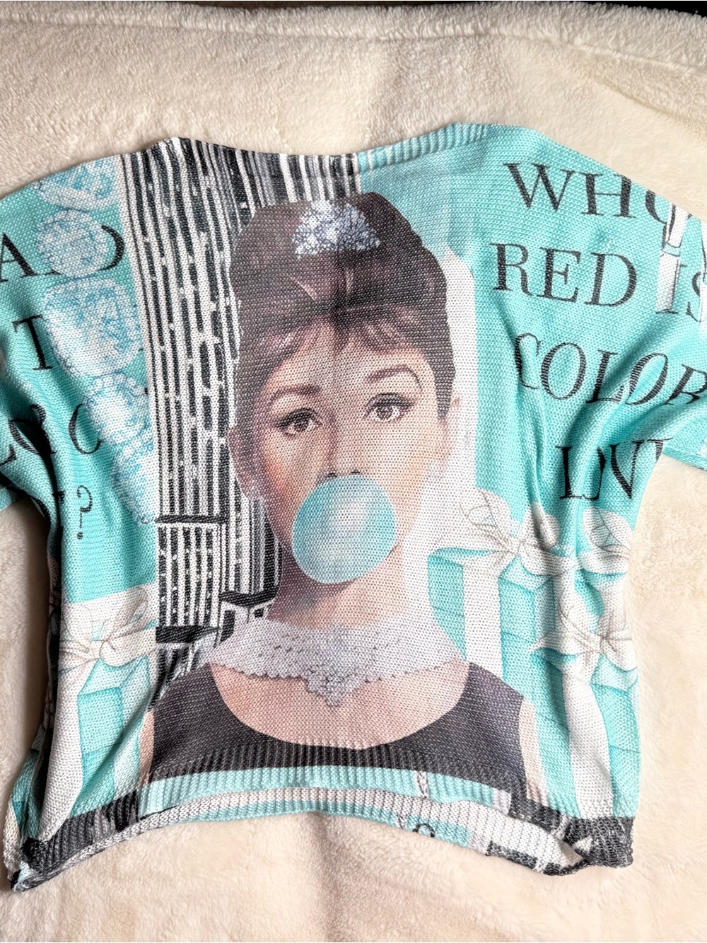 Audrey Hepburn Breakfast at Tiffany’s Graphic Knit Top Aqua Retro Pop Art